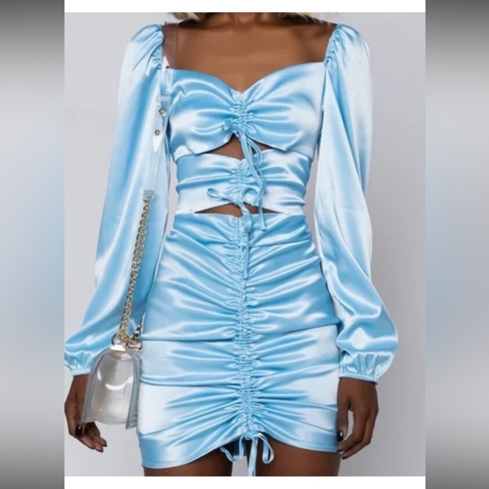 AKIRA Light Blue Satin Long Sleeve Dress